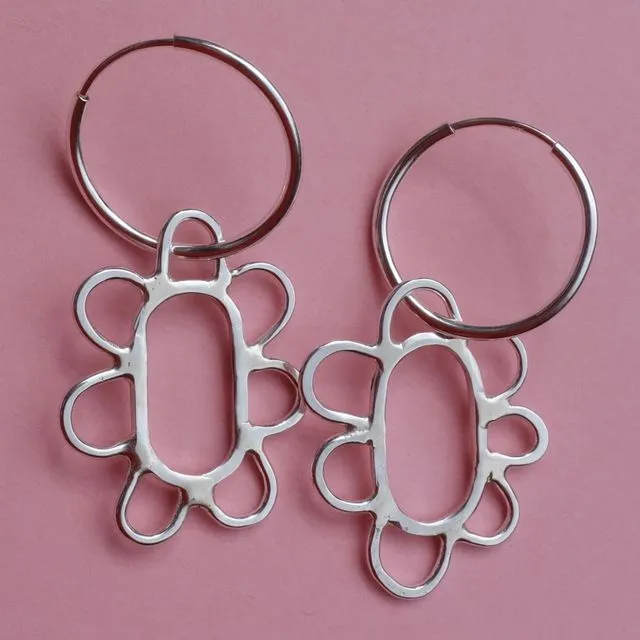 Flower Outline Hoops. Recycled Silver.