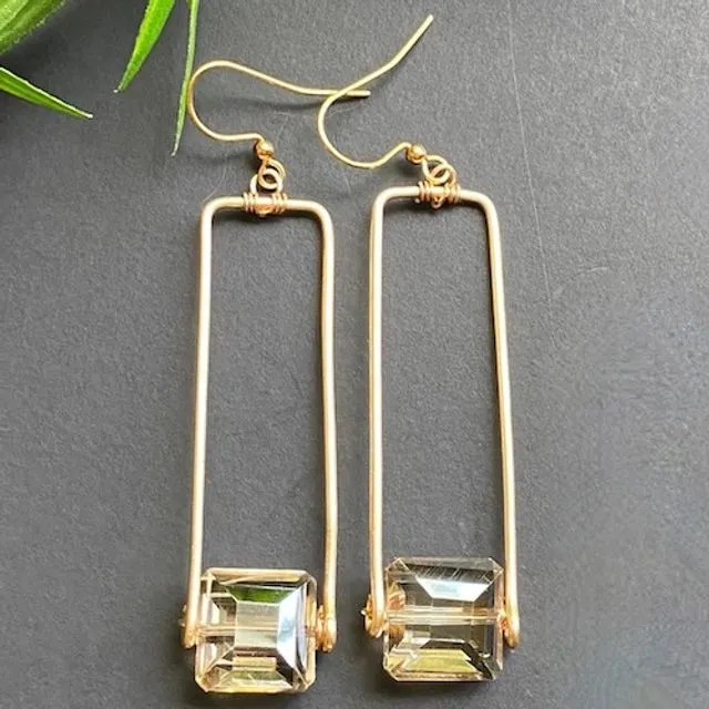 Crystal Earrings with Gold Rectangle Drop Dangle