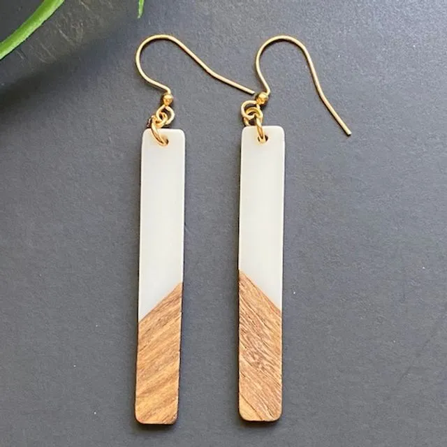 White Resin and Wood Earrings Drop Dangle