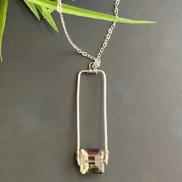 Crystal Necklace with Silver Rectangle Drop Pendant and Chain