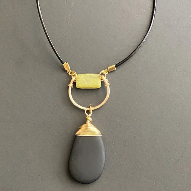 Leather Necklace Gold Crescent Olive Jade Wire Wrap Black