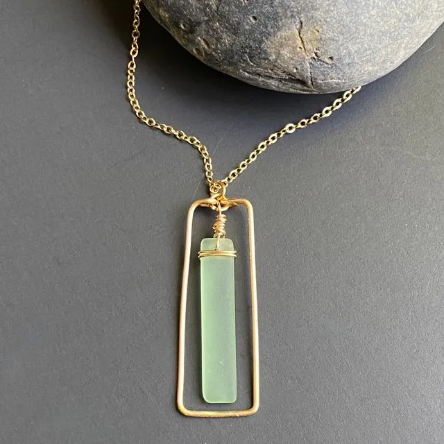 Rectangle Pendant Necklace Green Frosted Glass Wire Wrapped
