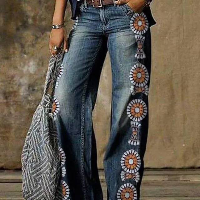 Loose Geometric Printed Pocket Jeans