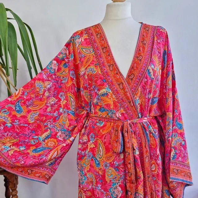 New Silk Sari Boho Kimono Regal House Robe - Luxury Lounge Digital Flowy Gown | Hot Pink Paisley Festival Orange Rose Bloom Duster Coverup