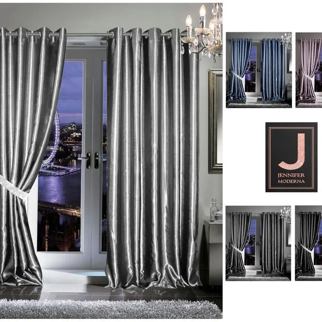 Living Room Eyelet Blackout Curtains Satin Self Lined Readymade PAIR Thermal Ring Top Sparkle Ties, 90 x 90"