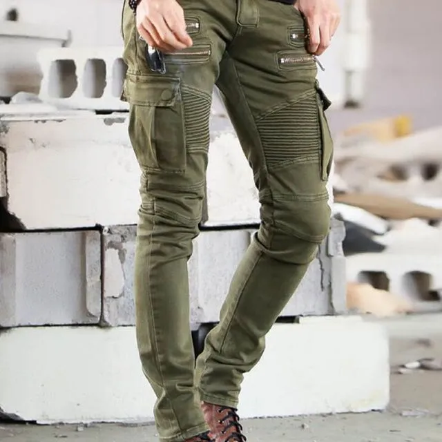Multi Pockets Ruched Skinny Biker Jeans(ArmyGreen)