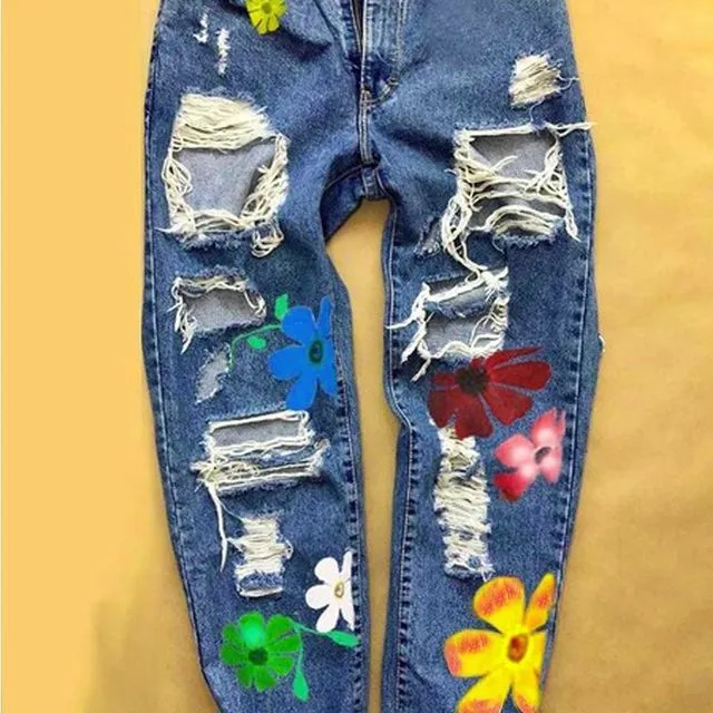 Ripped Floral Printed Pocket Jeans(NavyBlue)