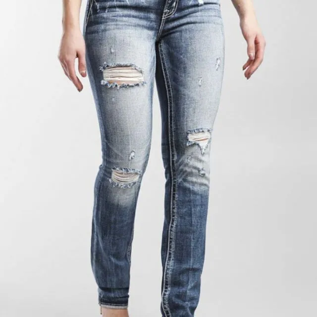 Embroidery Ripped Stretch Bootcut Jeans