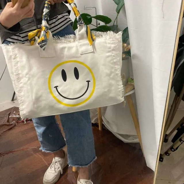 Smiley Face Canvas Bag - Cream