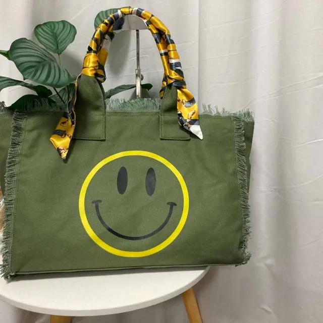Smiley Face Canvas Bag - Green