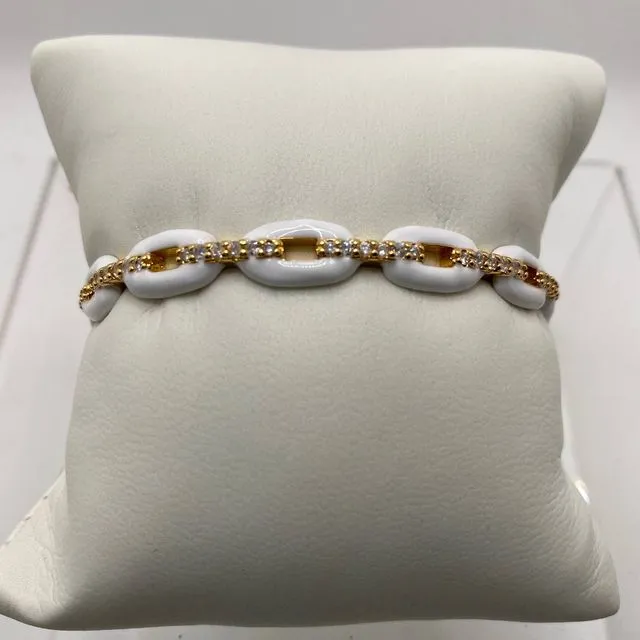 Enamel bracelet cuffs with rhinestones - White