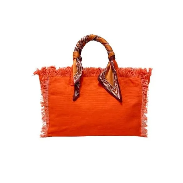 Solid Canvas Beach Bags With Scarf Handles - Orange