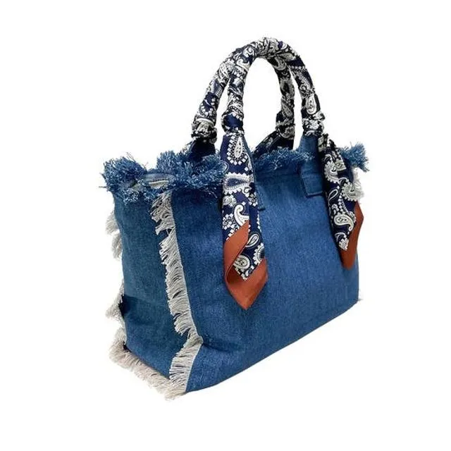 Solid Canvas Beach Bags With Scarf Handles - Denim