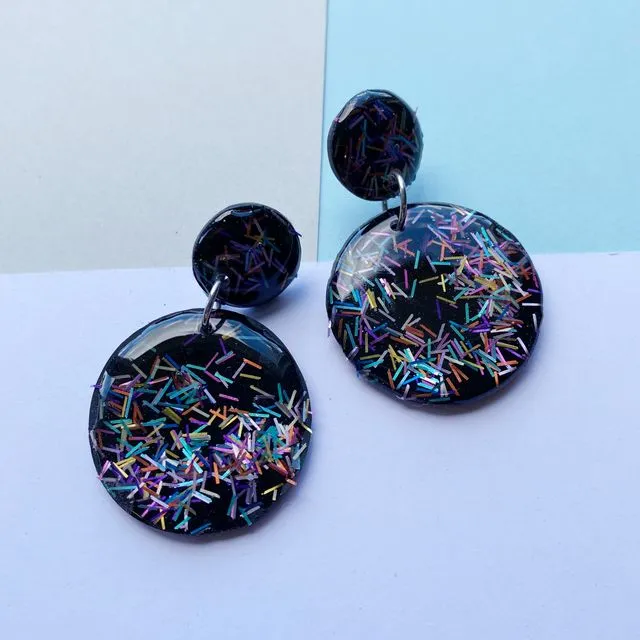 Glitterati glittery sparkly statement earrings round black