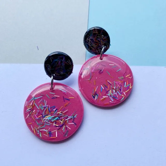Glitterati glittery sparkly statement earrings round pink and black