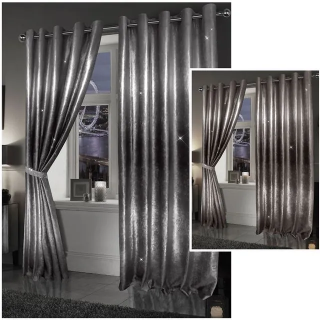 Bedroom OR Living Room Crushed Velvet Eyelet Curtains Ombre Sparkle Ring Top Lined Pair with Sparkle Tie Backs 66x90"