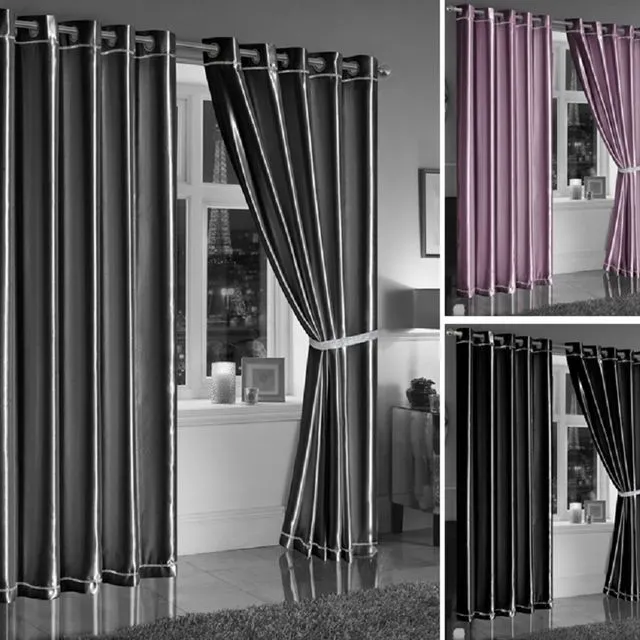 Living Room Diamante Hemmed Eyelet Blackout Curtains Satin Self Lined Readymade PAIR Thermal Ring Top with Sparkle Ties Backs 90 x 90"