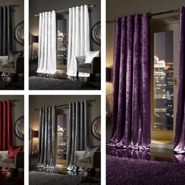 Living Room Eyelet Curtains Italian Crushed Velvet Ring Top Lined Pair with Sparkly Tie Backs 90x90"