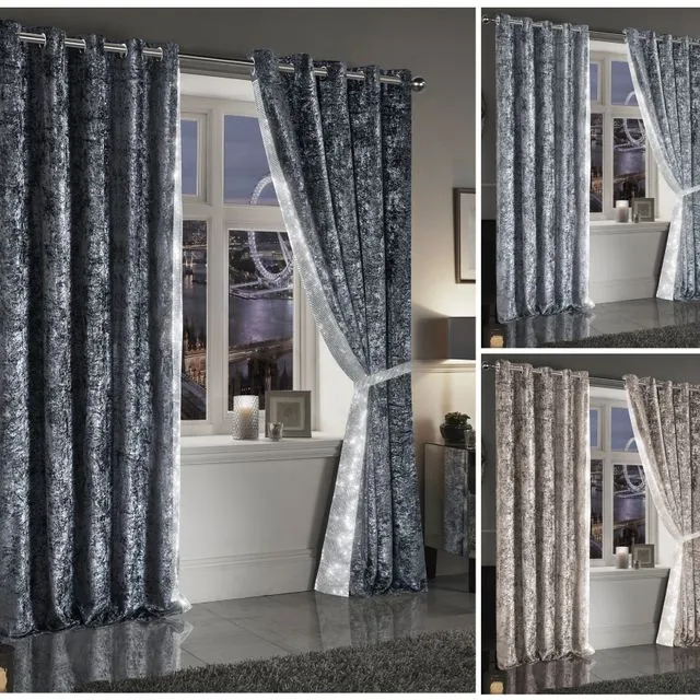 Living room Crushed Velvet Curtains Sparkly Diamante Edged Eyelet Pair Fully Lined with Tie Backs 90x90"