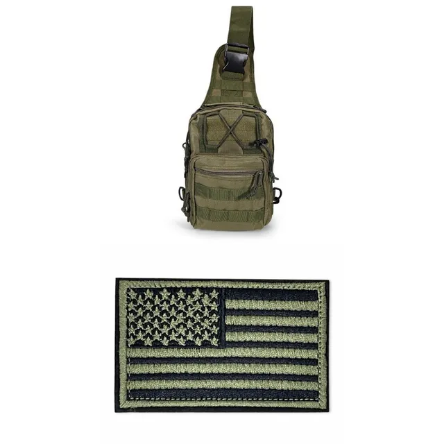 Tactical Military Sling Backpack Shoulder Bag in Army Green with Marine Green Flag Patch - Bundle
