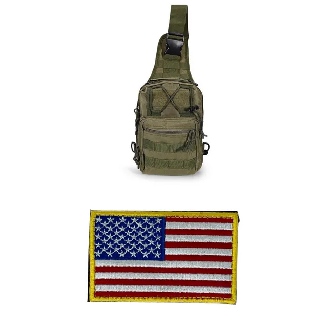 Tactical Military Sling Backpack Shoulder Bag in Army Green with Gold Red White & Blue Flag Patch - Bundle