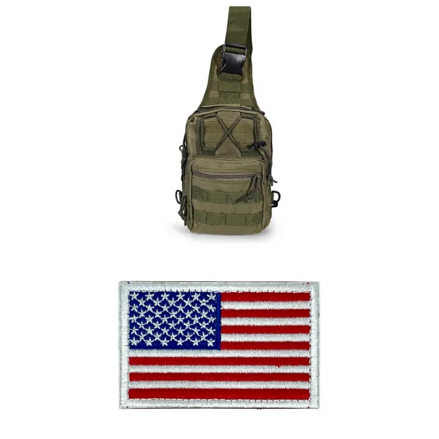 Tactical Military Sling Backpack Shoulder Bag in Army Green with Red White & Blue Flag Patch - Bundle
