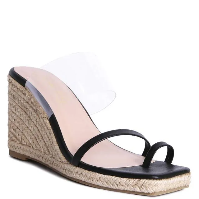 CLEAR PATH TOE RING ESPADRILLES WEDGE SANDALS - BLACK