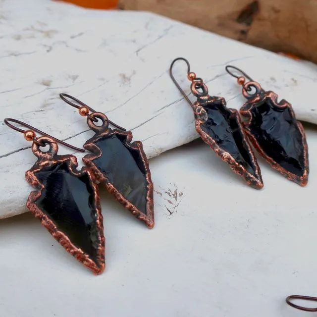Rustic Obsidian Arrowhead Copper Earrings