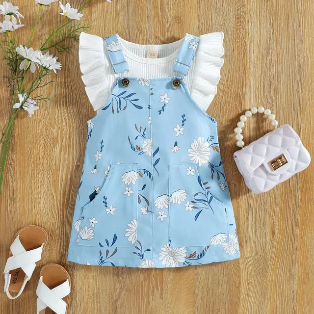 Top And Floral Pinafore Dress Set-Light Blue