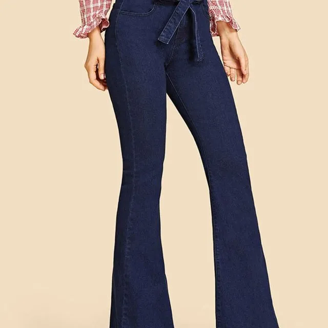 Women's high-stretch slim-fit lace-up wide-leg big flared jeans
