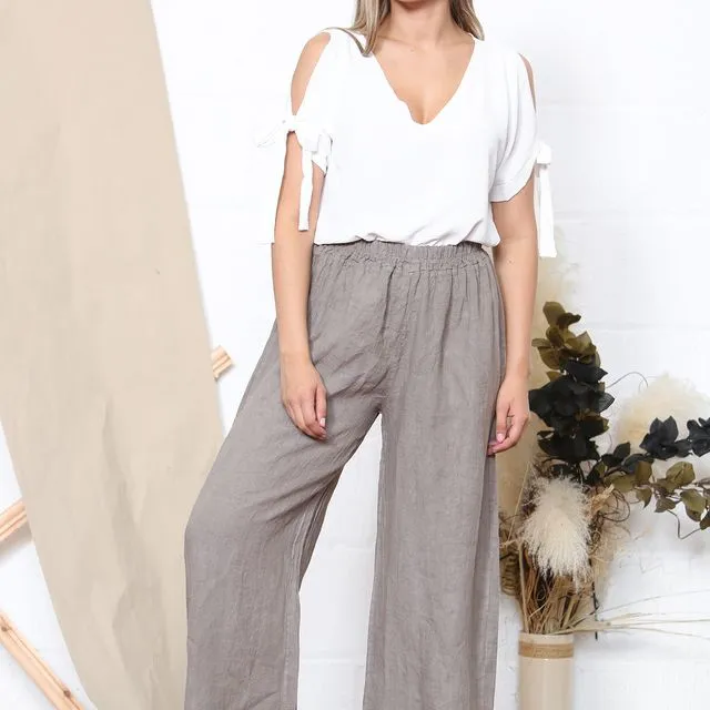 2041 - Taupe wide leg linen trousers