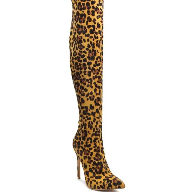 POKEY CROC VEGAN LEATHER OVER THE KNEE BLOCK HEELED BOOTS - NATURAL LEOPARD