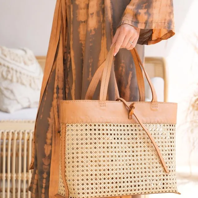 Madison Cane Webbing Leather Tote in Camel