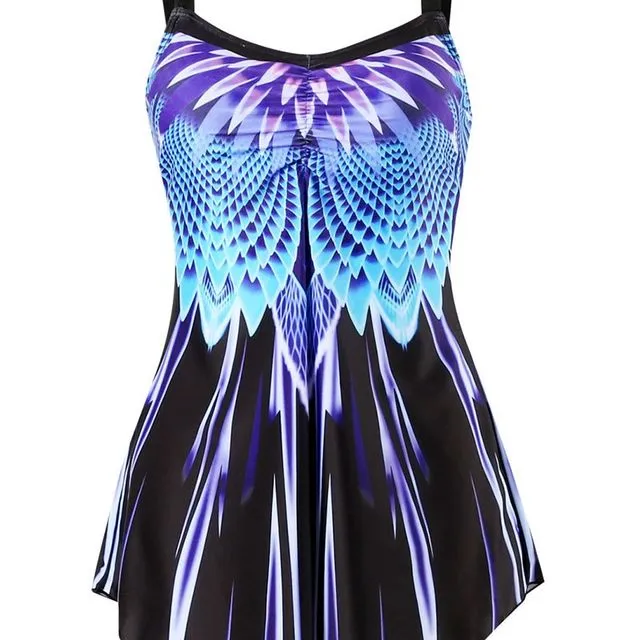 Plus Size Retro Print Belly-covering One-piece Gradient Color Skirt Swimsuit-1