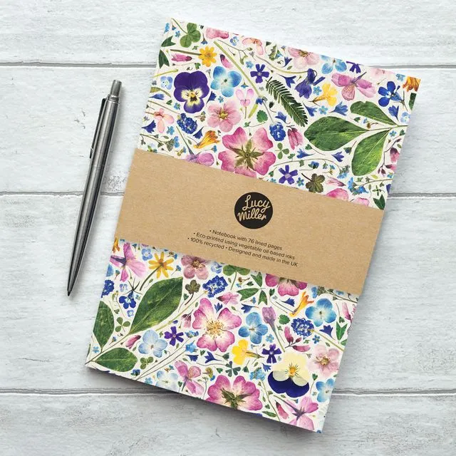 A5 Pressed Flower Notebook, Lined, 'Natural' background