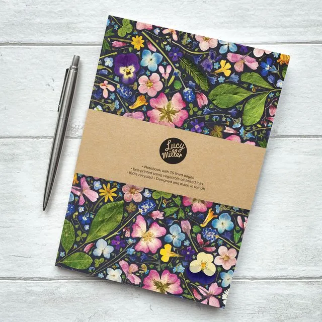 A5 Pressed Flower Notebook, Lined, 'Ink'