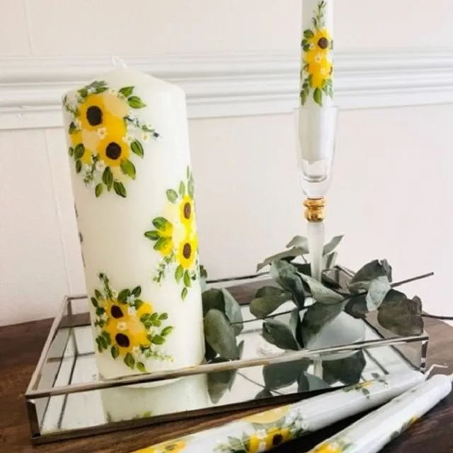 Sunflower and Yellow Roses Handpainted Pillar Candle