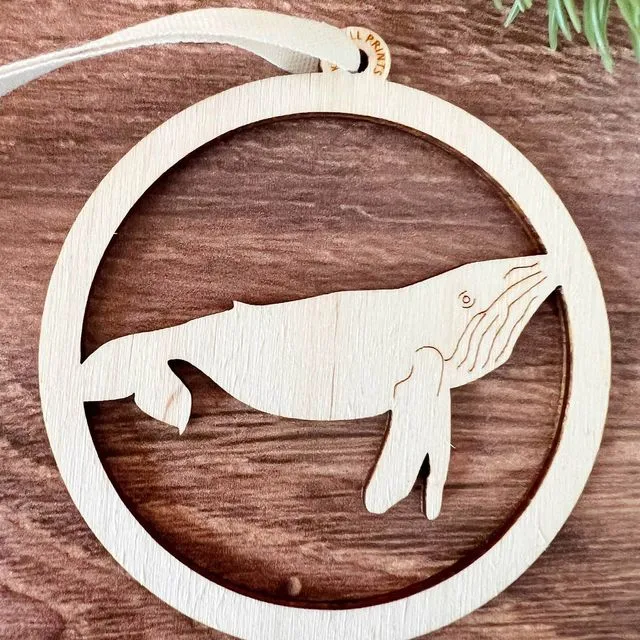 Whale Baltic Birch Holiday Ornament Natural ribbon