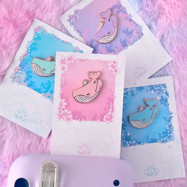 Bundle of 32 Kawaii Whale Enamel Pins on Picture Cards