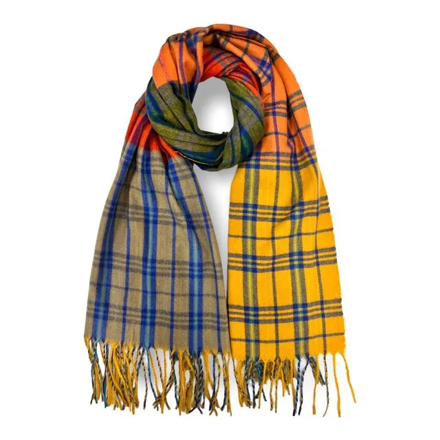 Multicolour checked wool mix scarf with tassels