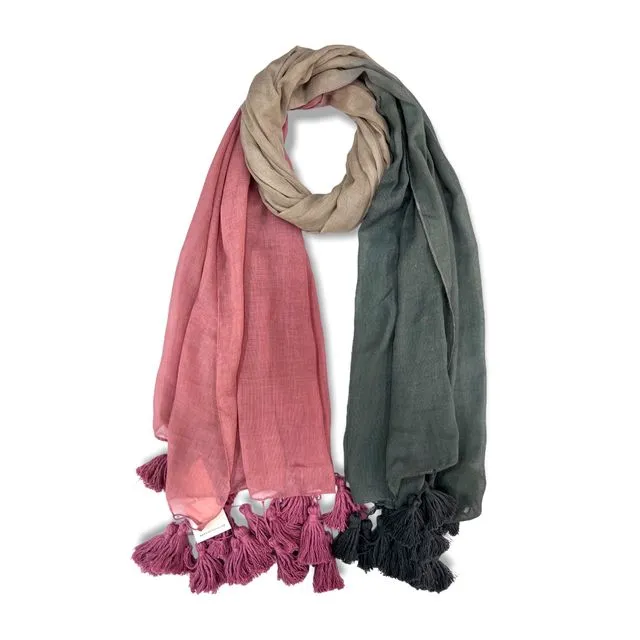 Ombre big tassel cotton mix scarf Pink and Charcoal