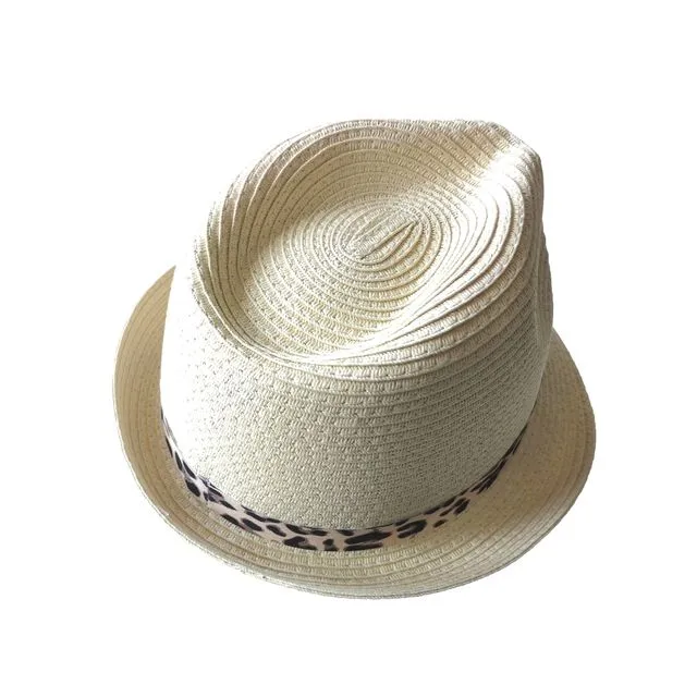 Straw trilby hat with leopard band