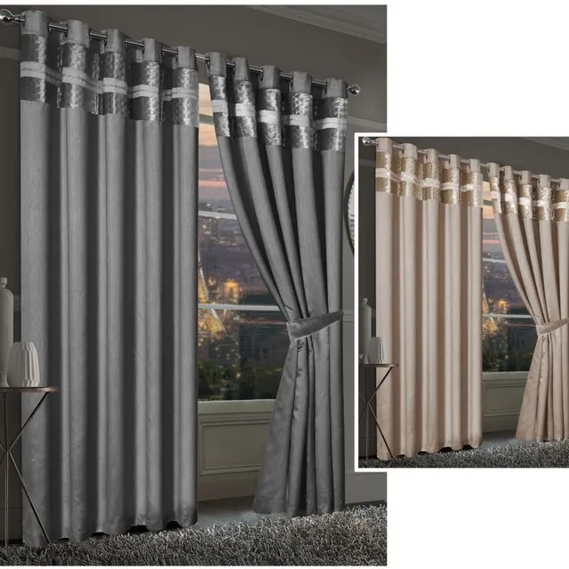 Eyelet Faux Silk Fully Lined Curtains Pairs with a Quilted Crushed Velvet Diamante Band 66 x 72"