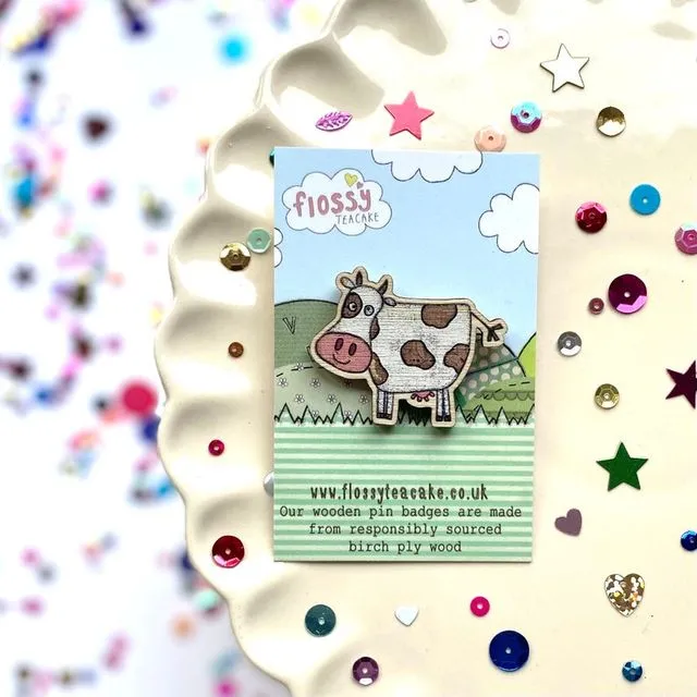 Cow Wooden Pin Badge