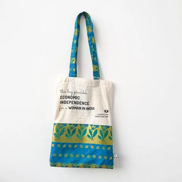 Upcycled sari and organic cotton independence tote bag with pocket (various colours and patterns)