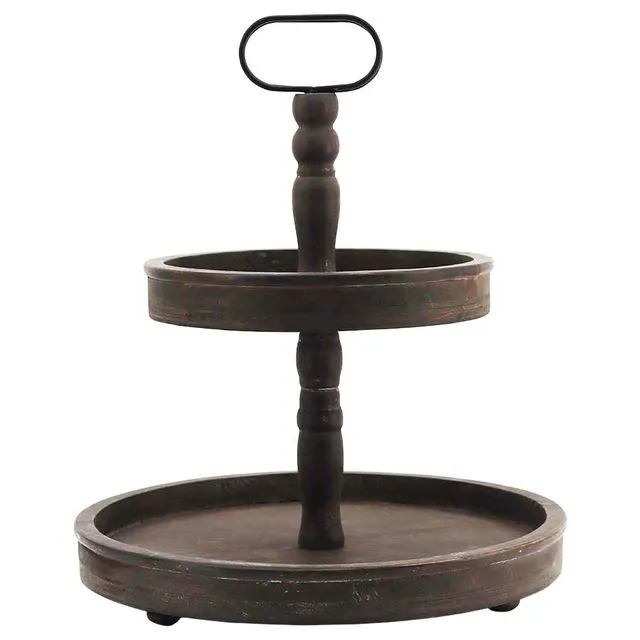 2 Tier Wood Tray Stand with Metal Handle