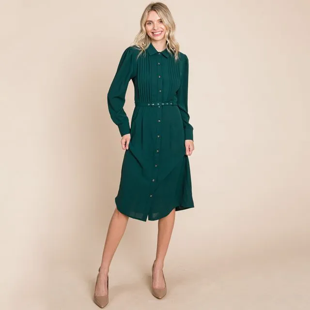Pintucked Front Button Down Shirtdress with Belt, SML(2-2-2)/1Pack
