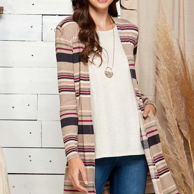 SC21006-5585-STRIPED MULTI COLORED DRAPED CARDIGAN -Packaged 2-2-2 (SML)