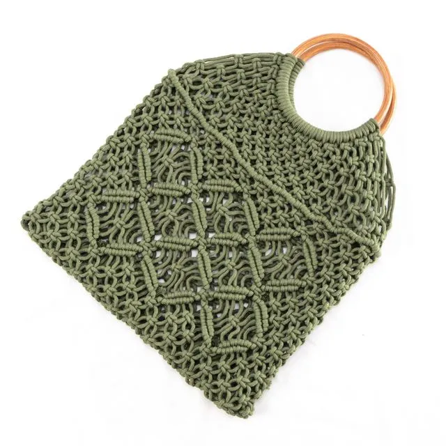 Cotton crochet tote bag with wood handle - Green