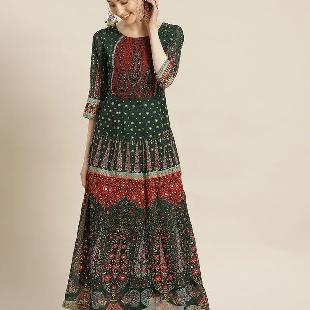 Green & Red Ethnic Motifs Maxi Dress - Nesavaali London